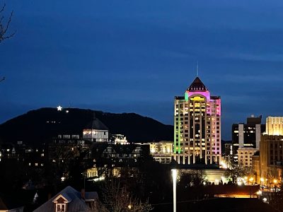 Wells Fargo Tower downtown Roanoke, Virginia, at twilight